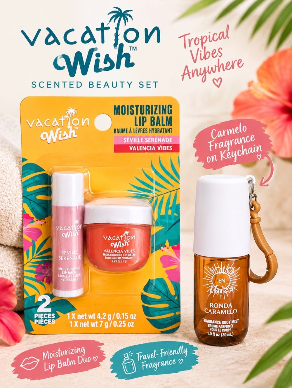 Vacation Wish Lip Balm Duo + Carmelo Fragrance Keychain Bundle